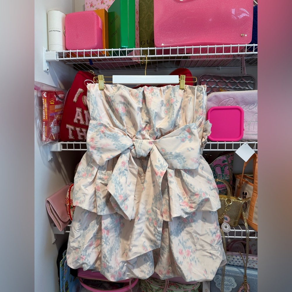LoveShackFancy Cream Skirt with Pink and Blue Floral Wash